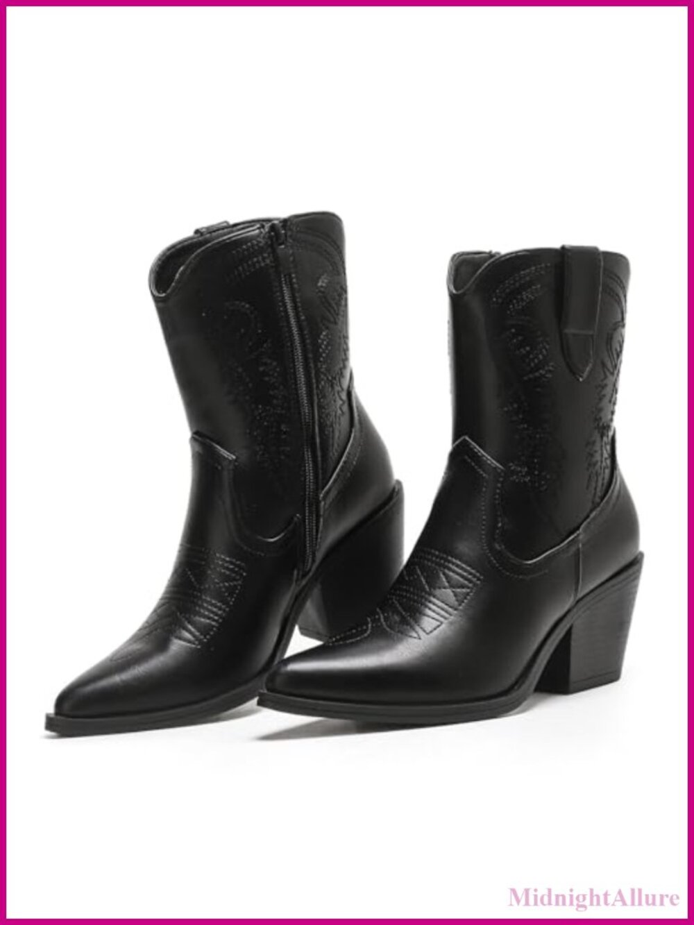 Faux Leather Embroidered Cowboy Ankle Boots Pointed Toe Block Heel